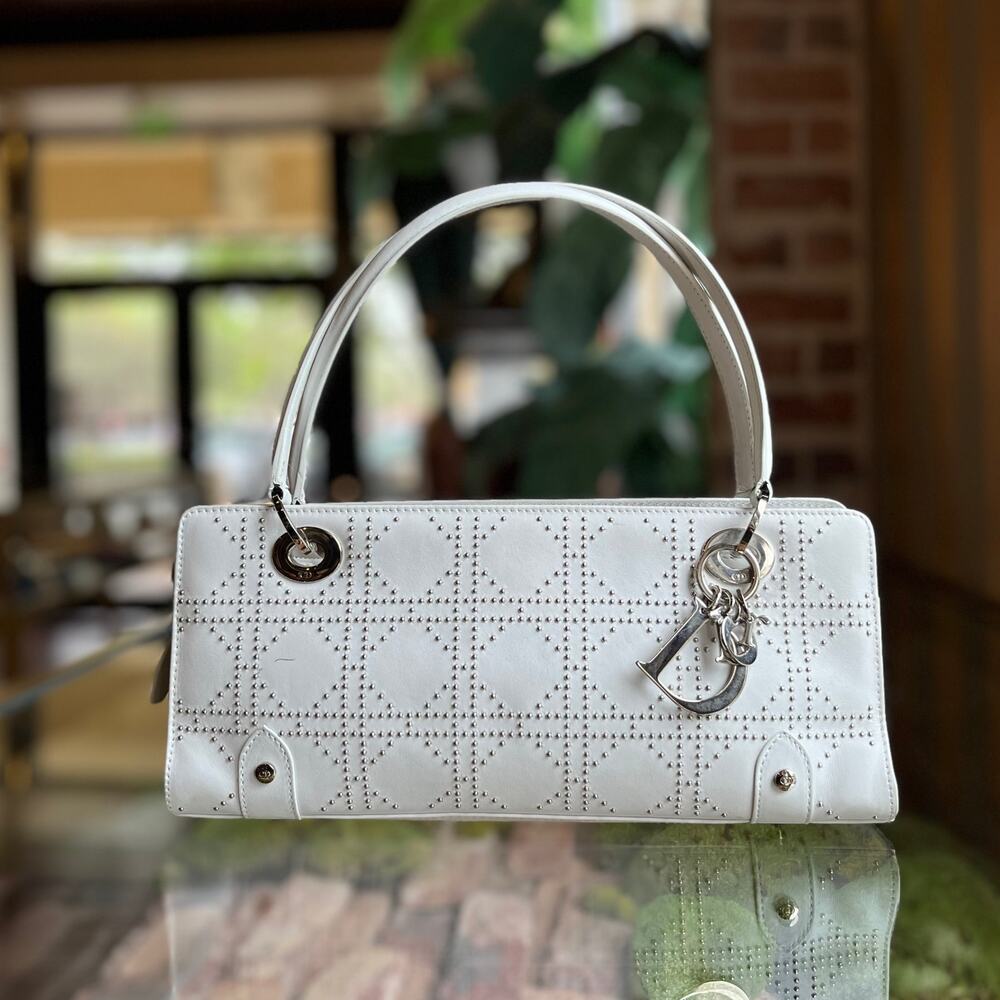 DIOR Lady Dior East West White Calfskin Leather Studded Tote Bag - Picture 1 of 16